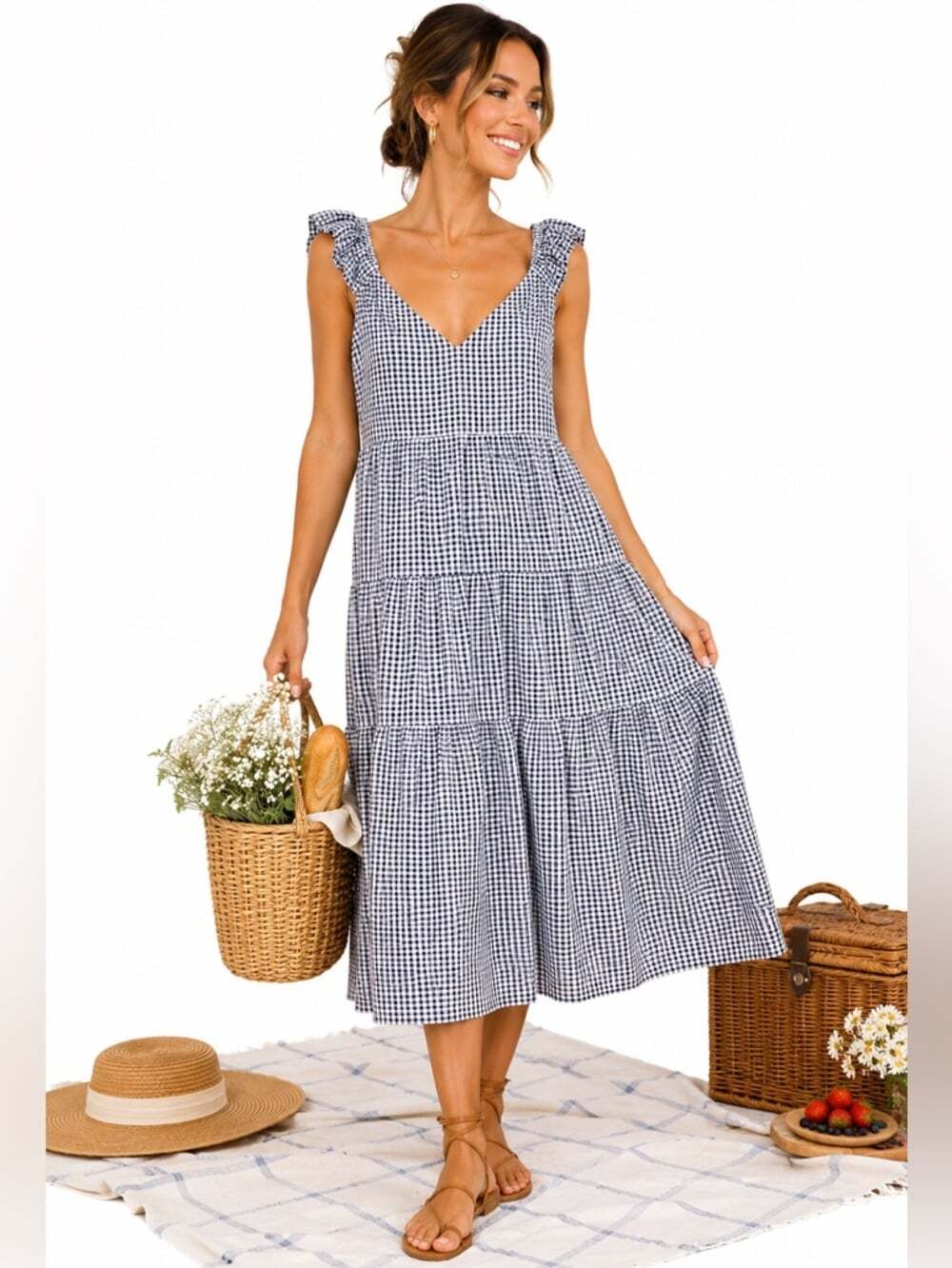 Old Navy Navy White Gingham Tiered Sundress Sleeveless Summer Dress Small